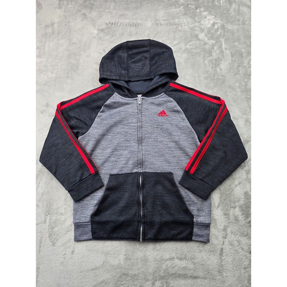 Adidas Kids Gray Black Red 3-Stripe Space Dye Full Zip Hoodie Sweatshirt Size S